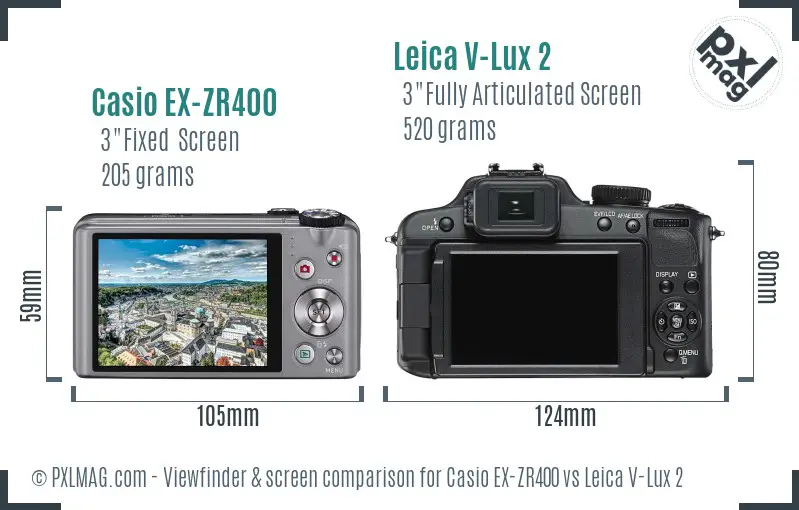 Casio EX-ZR400 vs Leica V-Lux 2 Screen and Viewfinder comparison