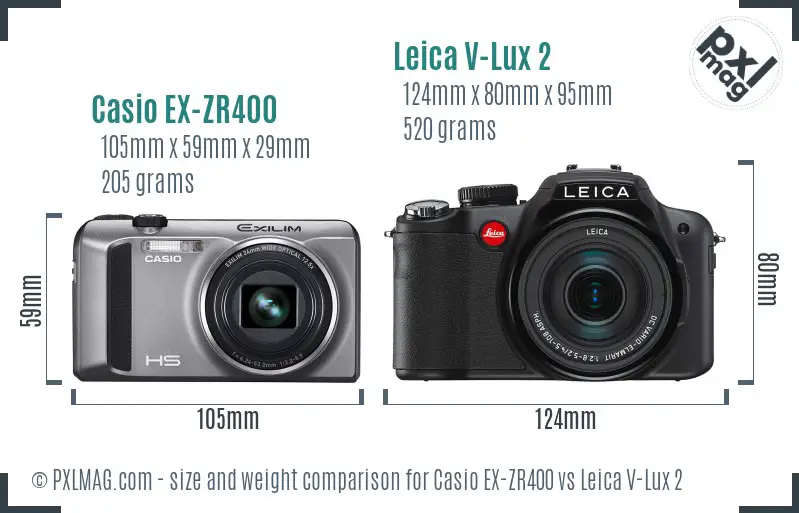 Casio EX-ZR400 vs Leica V-Lux 2 size comparison