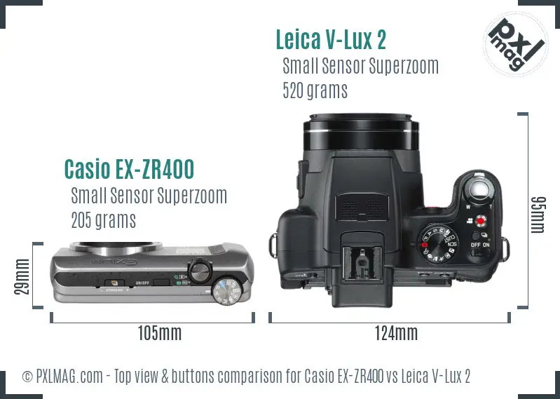 Casio EX-ZR400 vs Leica V-Lux 2 top view buttons comparison