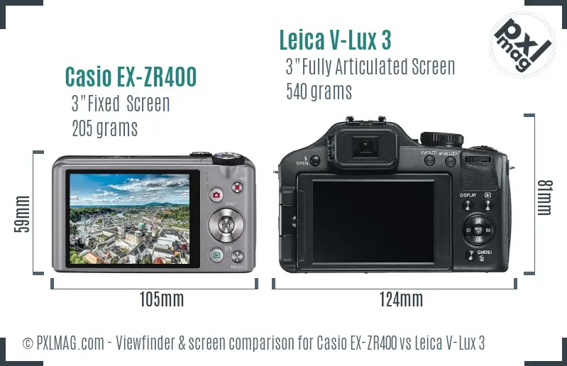 Casio EX-ZR400 vs Leica V-Lux 3 Screen and Viewfinder comparison