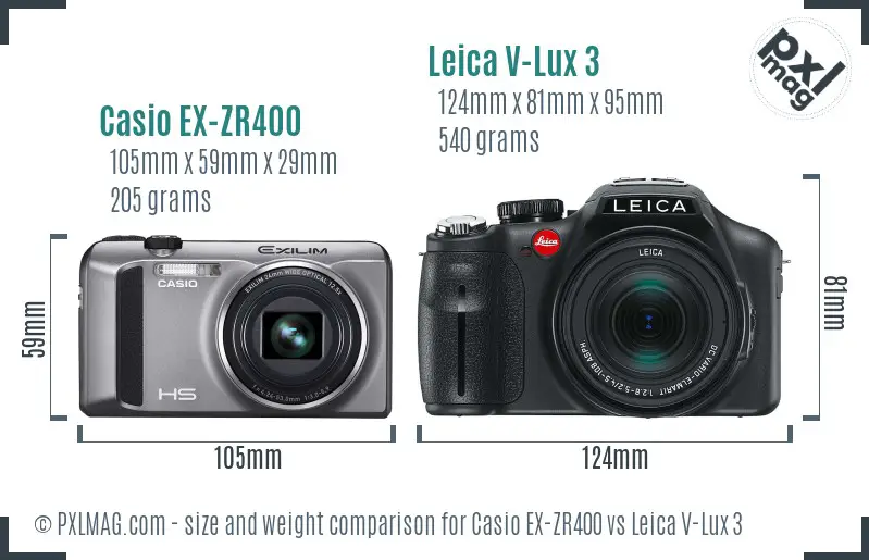 Casio EX-ZR400 vs Leica V-Lux 3 size comparison