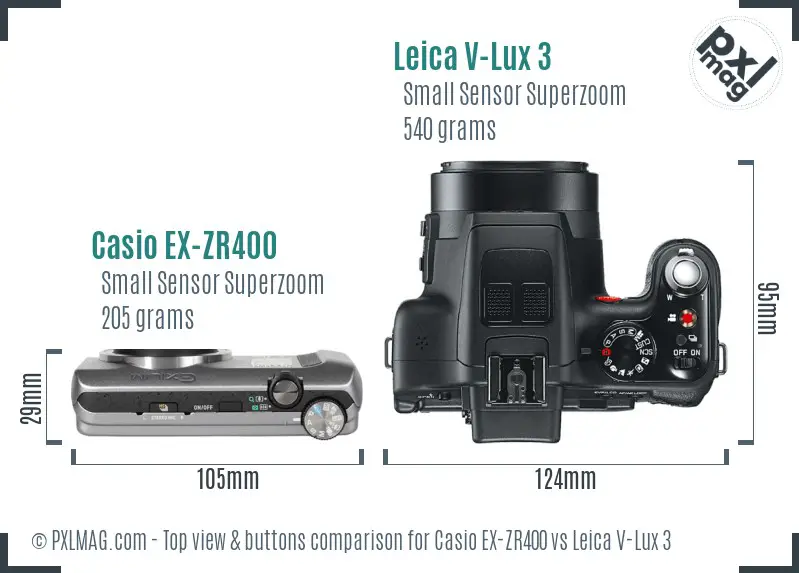 Casio EX-ZR400 vs Leica V-Lux 3 top view buttons comparison