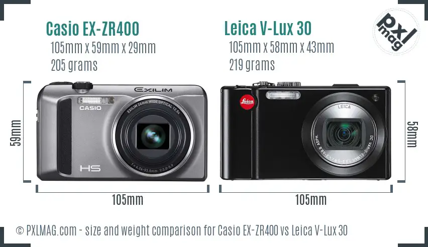 Casio EX-ZR400 vs Leica V-Lux 30 size comparison