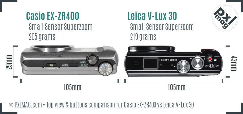 Casio EX-ZR400 vs Leica V-Lux 30 top view buttons comparison