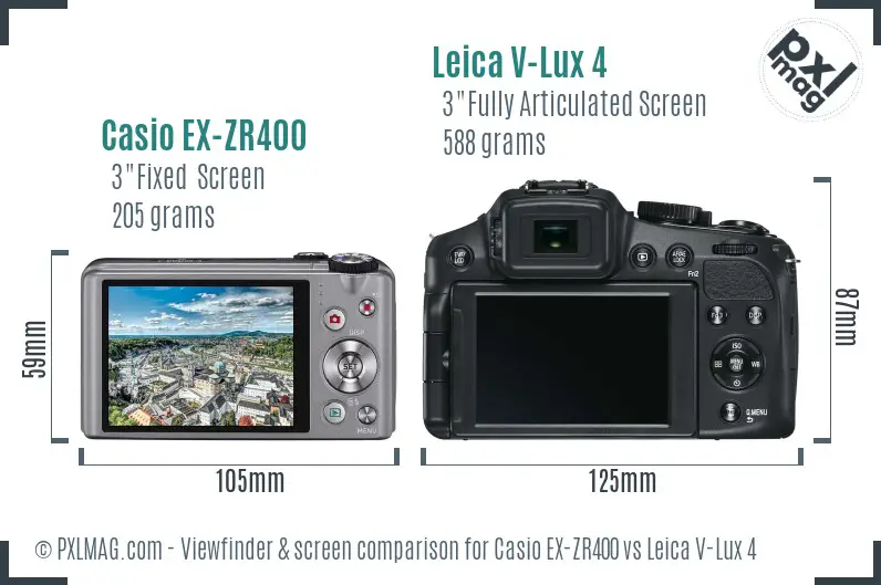 Casio EX-ZR400 vs Leica V-Lux 4 Screen and Viewfinder comparison