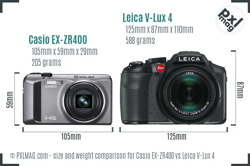 Casio EX-ZR400 vs Leica V-Lux 4 size comparison