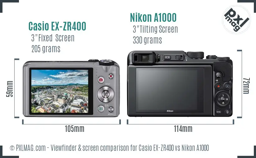 Casio EX-ZR400 vs Nikon A1000 Screen and Viewfinder comparison