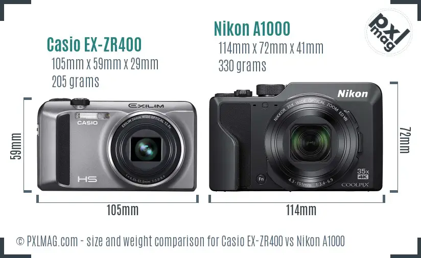Casio EX-ZR400 vs Nikon A1000 size comparison