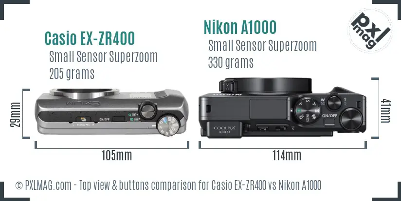 Casio EX-ZR400 vs Nikon A1000 top view buttons comparison