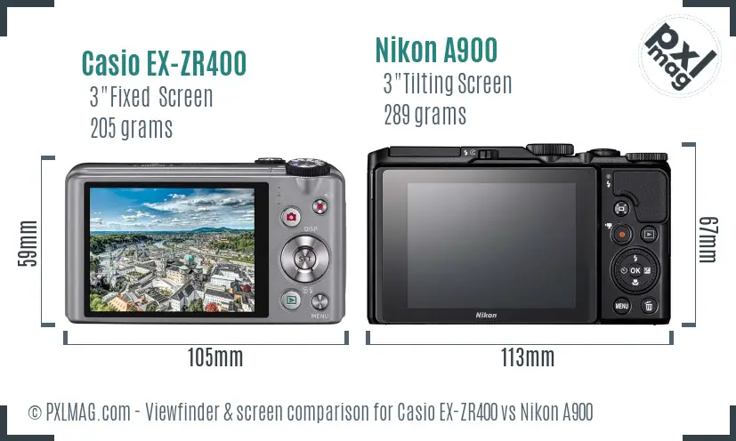 Casio EX-ZR400 vs Nikon A900 Screen and Viewfinder comparison