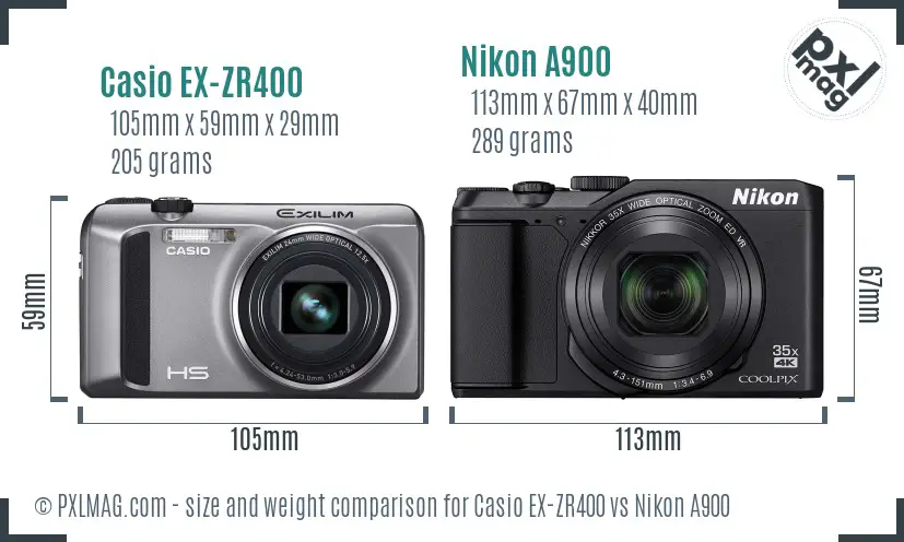 Casio EX-ZR400 vs Nikon A900 size comparison