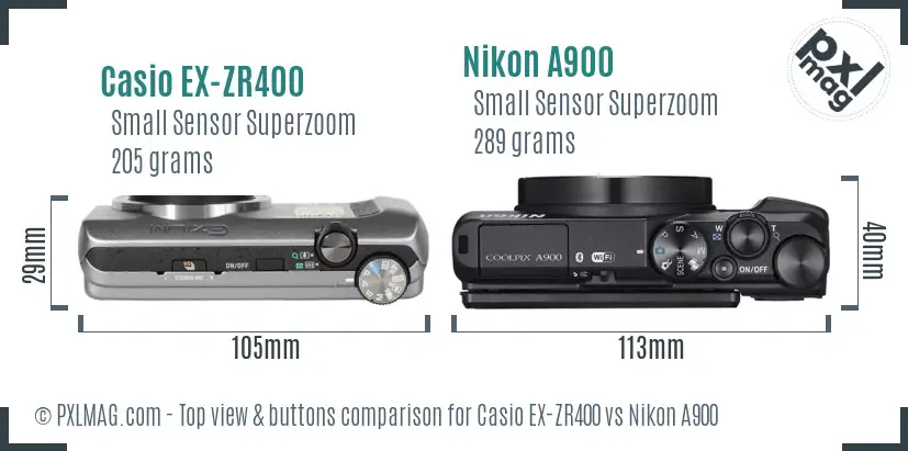 Casio EX-ZR400 vs Nikon A900 top view buttons comparison