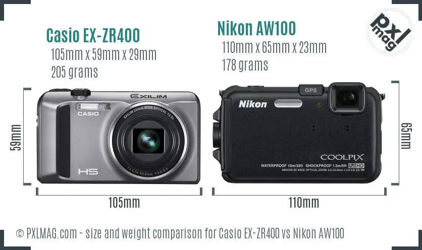 Casio EX-ZR400 vs Nikon AW100 size comparison