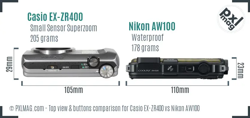 Casio EX-ZR400 vs Nikon AW100 top view buttons comparison