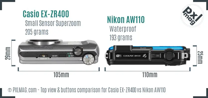 Casio EX-ZR400 vs Nikon AW110 top view buttons comparison