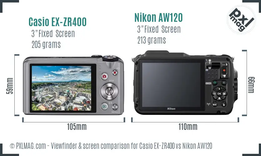 Casio EX-ZR400 vs Nikon AW120 Screen and Viewfinder comparison