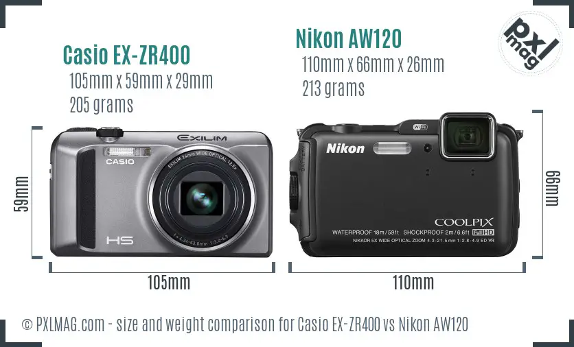 Casio EX-ZR400 vs Nikon AW120 size comparison