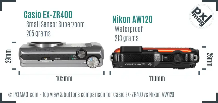 Casio EX-ZR400 vs Nikon AW120 top view buttons comparison