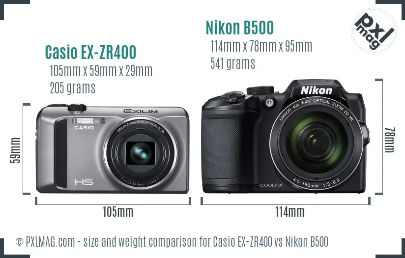 Casio EX-ZR400 vs Nikon B500 size comparison