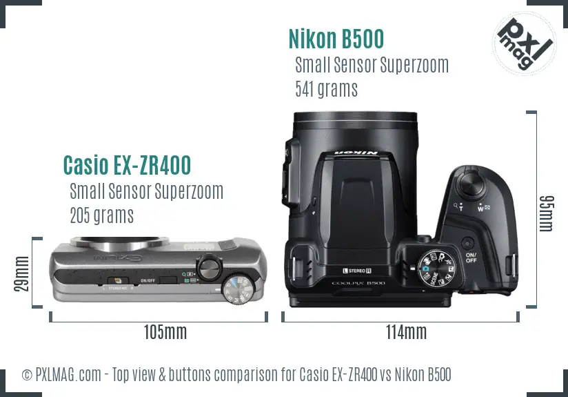 Casio EX-ZR400 vs Nikon B500 top view buttons comparison