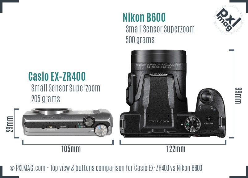 Casio EX-ZR400 vs Nikon B600 top view buttons comparison
