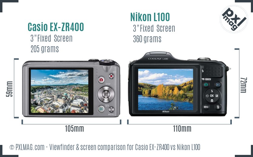Casio EX-ZR400 vs Nikon L100 Screen and Viewfinder comparison