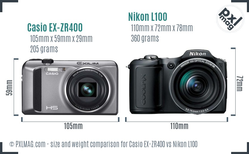 Casio EX-ZR400 vs Nikon L100 size comparison