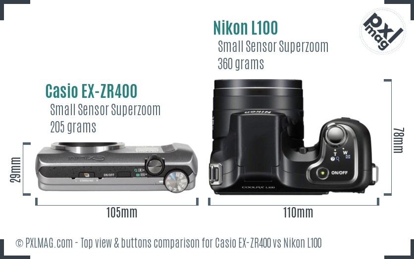 Casio EX-ZR400 vs Nikon L100 top view buttons comparison