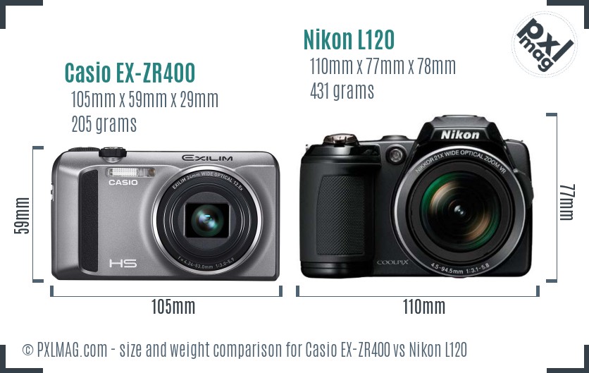 Casio EX-ZR400 vs Nikon L120 size comparison