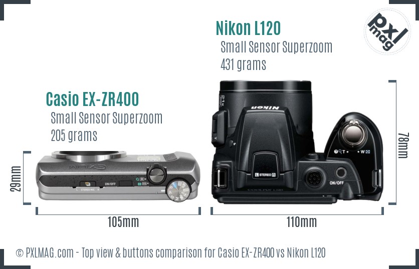 Casio EX-ZR400 vs Nikon L120 top view buttons comparison