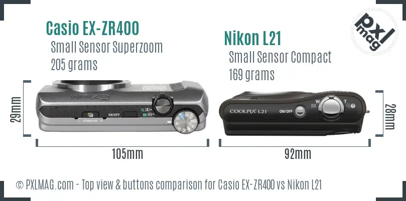 Casio EX-ZR400 vs Nikon L21 top view buttons comparison Casio EX-ZR400 vs Nikon L21 top view buttons comparison