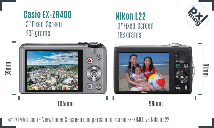 Casio EX-ZR400 vs Nikon L22 Screen and Viewfinder comparison
