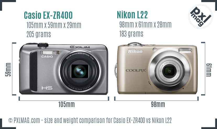 Casio EX-ZR400 vs Nikon L22 size comparison