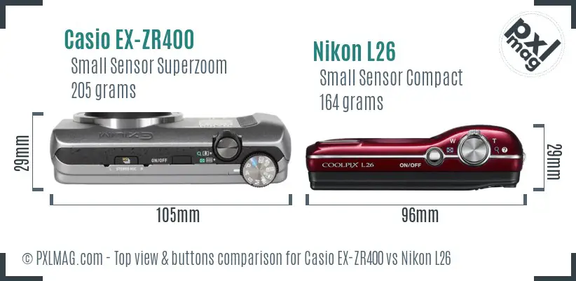 Casio EX-ZR400 vs Nikon L26 top view buttons comparison Casio EX-ZR400 vs Nikon L26 top view buttons comparison