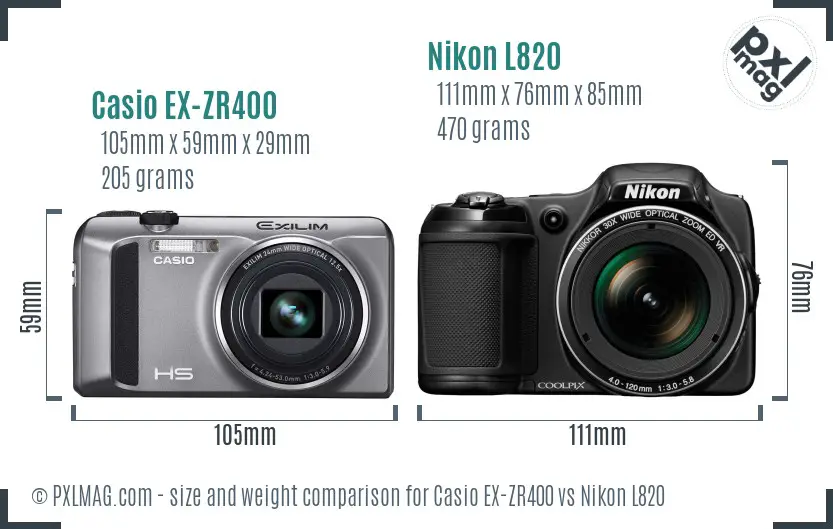Casio EX-ZR400 vs Nikon L820 size comparison