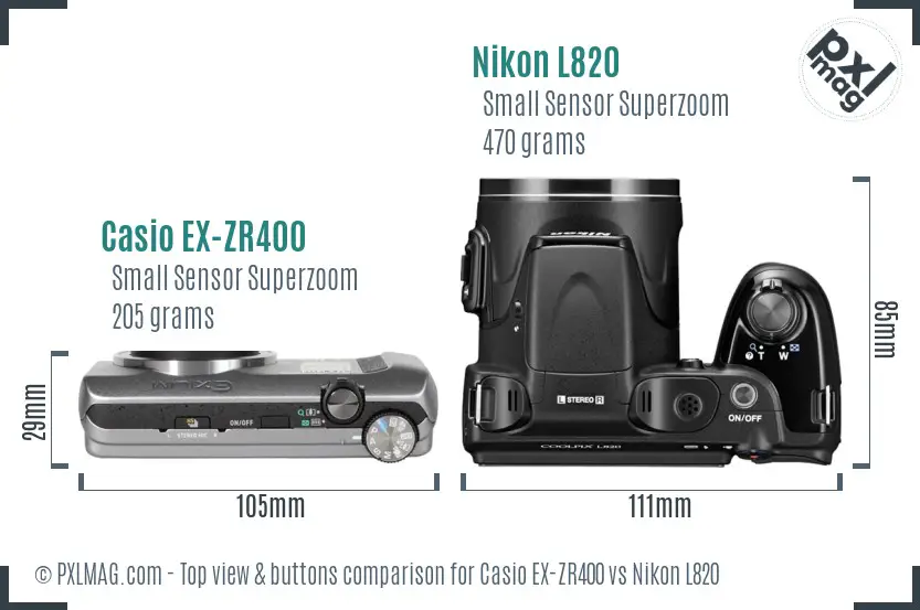 Casio EX-ZR400 vs Nikon L820 top view buttons comparison