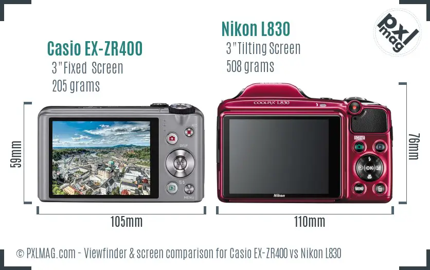 Casio EX-ZR400 vs Nikon L830 Screen and Viewfinder comparison