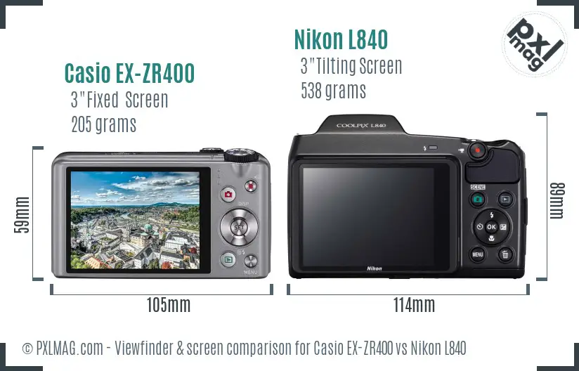 Casio EX-ZR400 vs Nikon L840 Screen and Viewfinder comparison