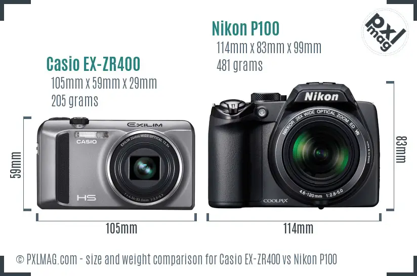 Casio EX-ZR400 vs Nikon P100 size comparison Casio EX-ZR400 vs Nikon P100 size comparison