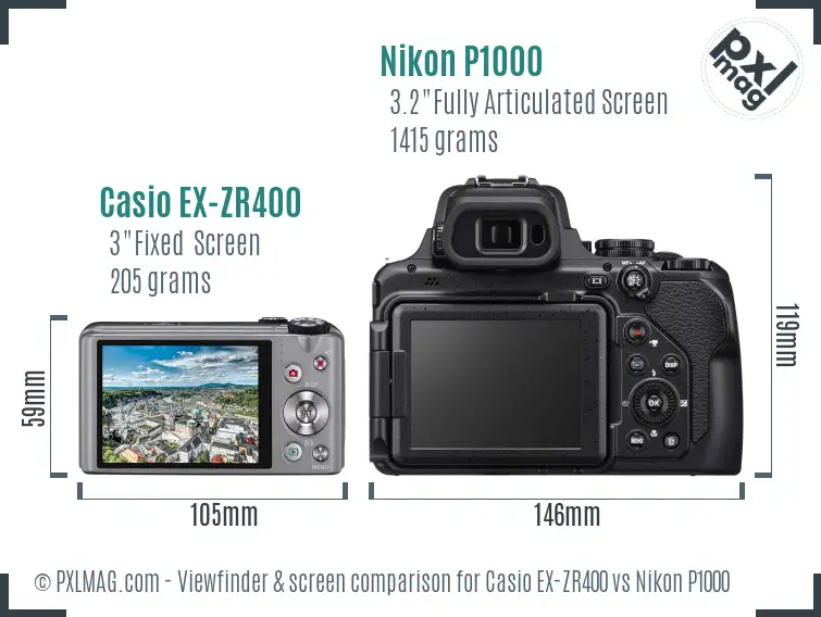 Casio EX-ZR400 vs Nikon P1000 Screen and Viewfinder comparison