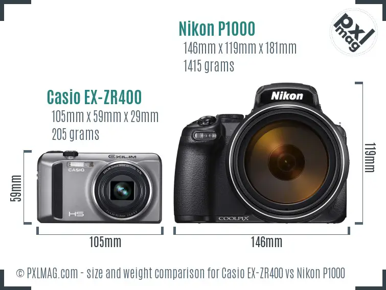 Casio EX-ZR400 vs Nikon P1000 size comparison