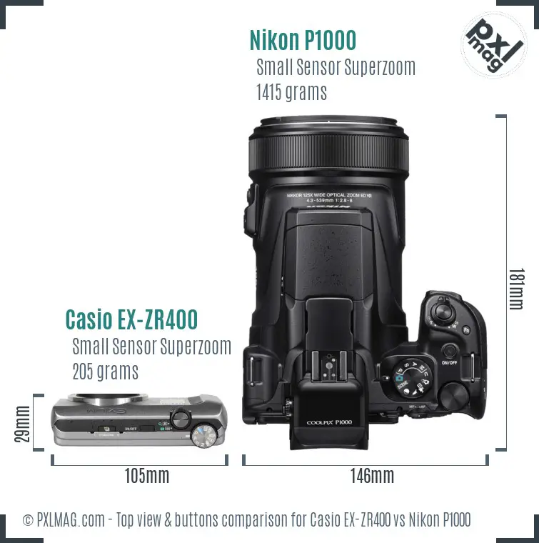 Casio EX-ZR400 vs Nikon P1000 top view buttons comparison