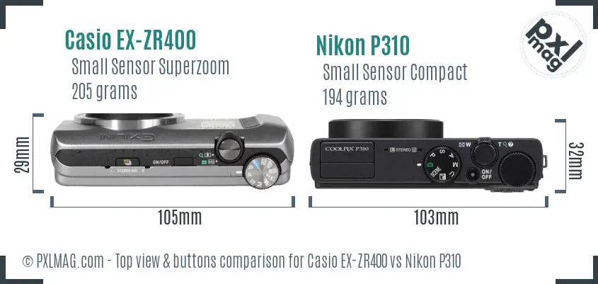 Casio EX-ZR400 vs Nikon P310 top view buttons comparison