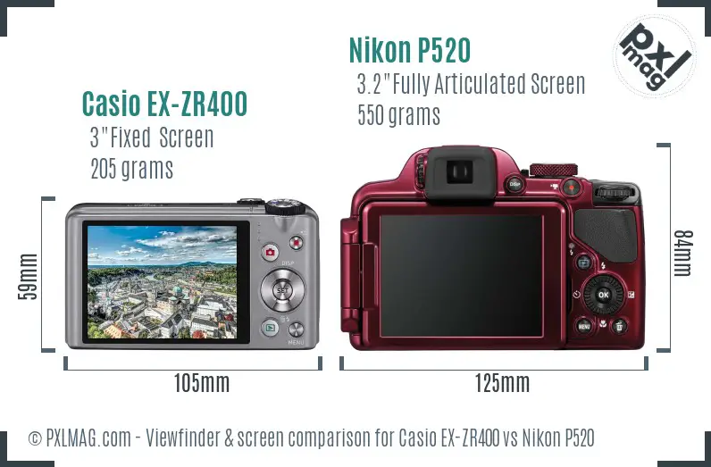Casio EX-ZR400 vs Nikon P520 Screen and Viewfinder comparison