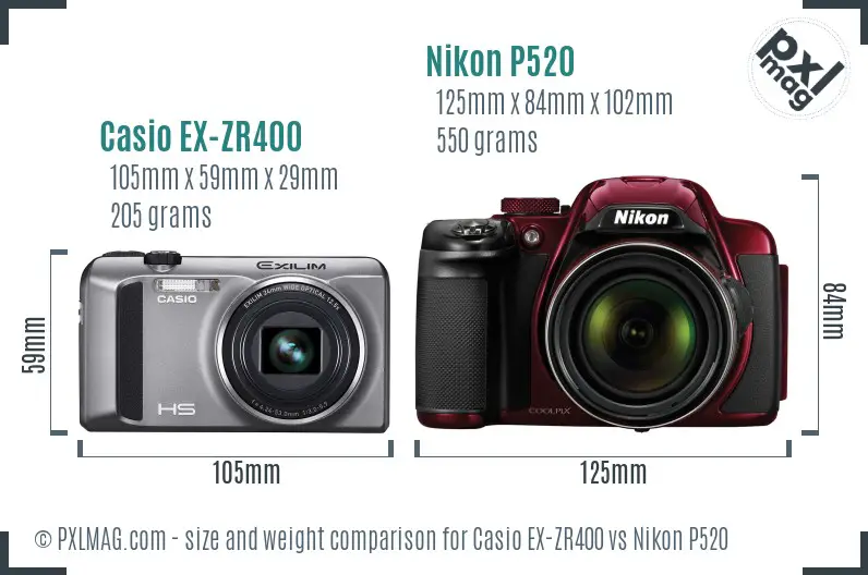 Casio EX-ZR400 vs Nikon P520 size comparison