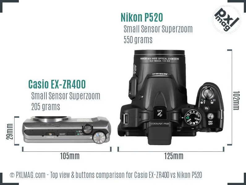 Casio EX-ZR400 vs Nikon P520 top view buttons comparison