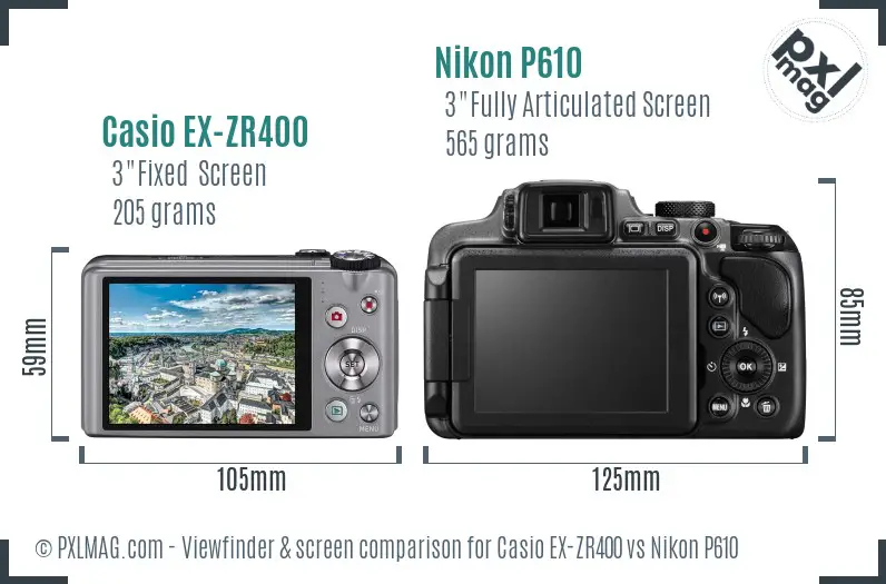 Casio EX-ZR400 vs Nikon P610 Screen and Viewfinder comparison