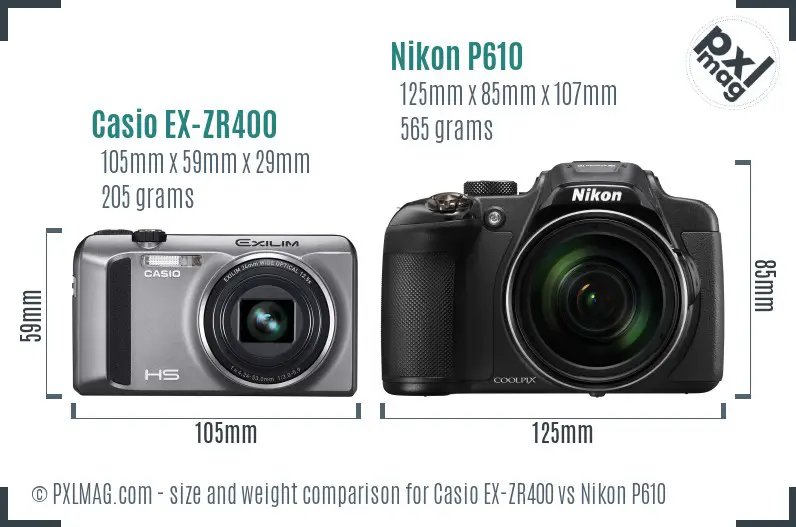 Casio EX-ZR400 vs Nikon P610 size comparison