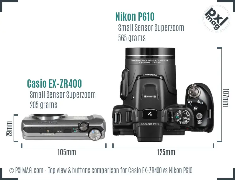 Casio EX-ZR400 vs Nikon P610 top view buttons comparison