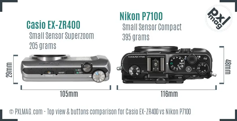 Casio EX-ZR400 vs Nikon P7100 top view buttons comparison